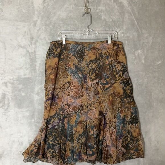 Y2K COLDWATER CREEK 100% Silk Brown Floral Midi Skirt L Romantic Fall Fairy - Picture 1 of 7